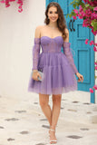 Purple Corset Detachable Long Sleeves A-Line Short Formal Dress