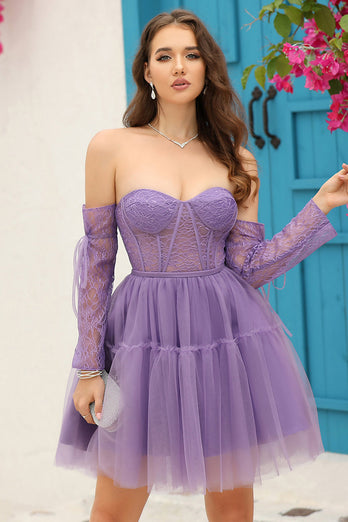 Purple Corset Detachable Long Sleeves A-Line Short Formal Dress