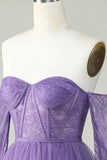 A Line Off the Shoulder Purple Corset Short Formal Dress with Long Sleeves