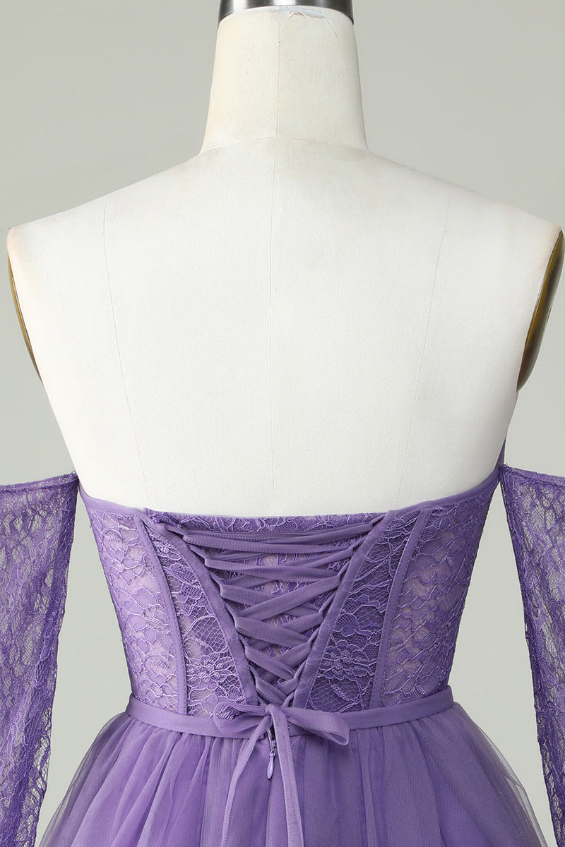 Load image into Gallery viewer, A Line Off the Shoulder Purple Corset Short Formal Dress with Long Sleeves