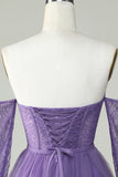 A Line Off the Shoulder Purple Corset Short Formal Dress with Long Sleeves