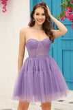 Purple Corset Detachable Long Sleeves A-Line Short Formal Dress