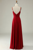 A Line Spaghetti Straps Burgundy Long Bridesmaid Dress