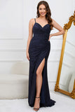 Mermaid Spaghetti Straps Navy Long Formal Dress with Beading