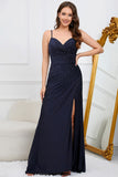 Mermaid Spaghetti Straps Navy Long Formal Dress with Beading