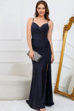 Mermaid Spaghetti Straps Navy Long Formal Dress with Beading