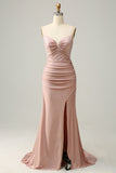 Mermaid Spaghetti Straps Blush Long Formal Dress with Beading