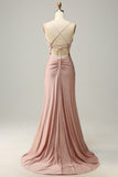 Mermaid Spaghetti Straps Blush Long Formal Dress with Beading