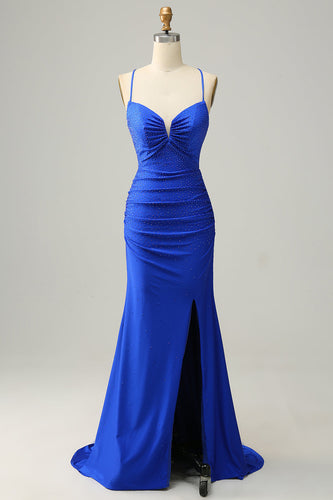 Mermaid Spaghetti Straps Royal Blue Long Formal Dress with Beading