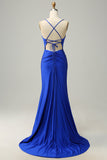 Mermaid Spaghetti Straps Royal Blue Long Formal Dress with Beading