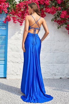 Mermaid Spaghetti Straps Royal Blue Long Formal Dress with Split Front
