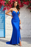 Mermaid Spaghetti Straps Royal Blue Long Formal Dress with Split Front