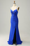 Mermaid Spaghetti Straps Royal Blue Long Formal Dress with Beading