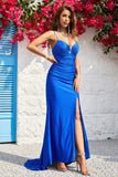 Mermaid Spaghetti Straps Royal Blue Long Formal Dress with Split Front