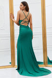 Mermaid Spaghetti Straps Dark Green Long Formal Dress with Criss Cross Back