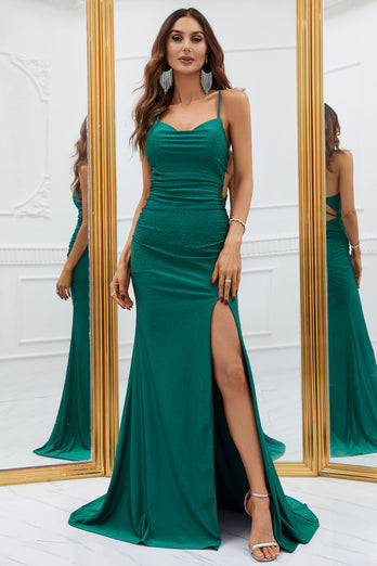 Mermaid Spaghetti Straps Dark Green Long Formal Dress with Criss Cross Back