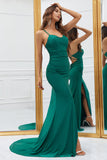 Mermaid Spaghetti Straps Dark Green Long Formal Dress with Criss Cross Back