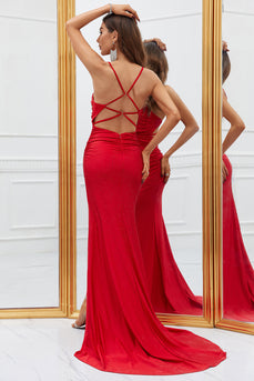 Mermaid Spaghetti Straps Red Long Formal Dress with Criss Cross Back