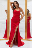 Mermaid Spaghetti Straps Red Long Formal Dress with Criss Cross Back