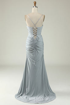 Mermaid Spaghetti Straps Grey Plus Size Formal Dress with Criss Cross Back