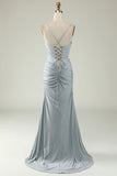 Mermaid Spaghetti Straps Grey Long Formal Dress with Criss Cross Back