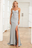 Mermaid Spaghetti Straps Grey Long Formal Dress with Criss Cross Back