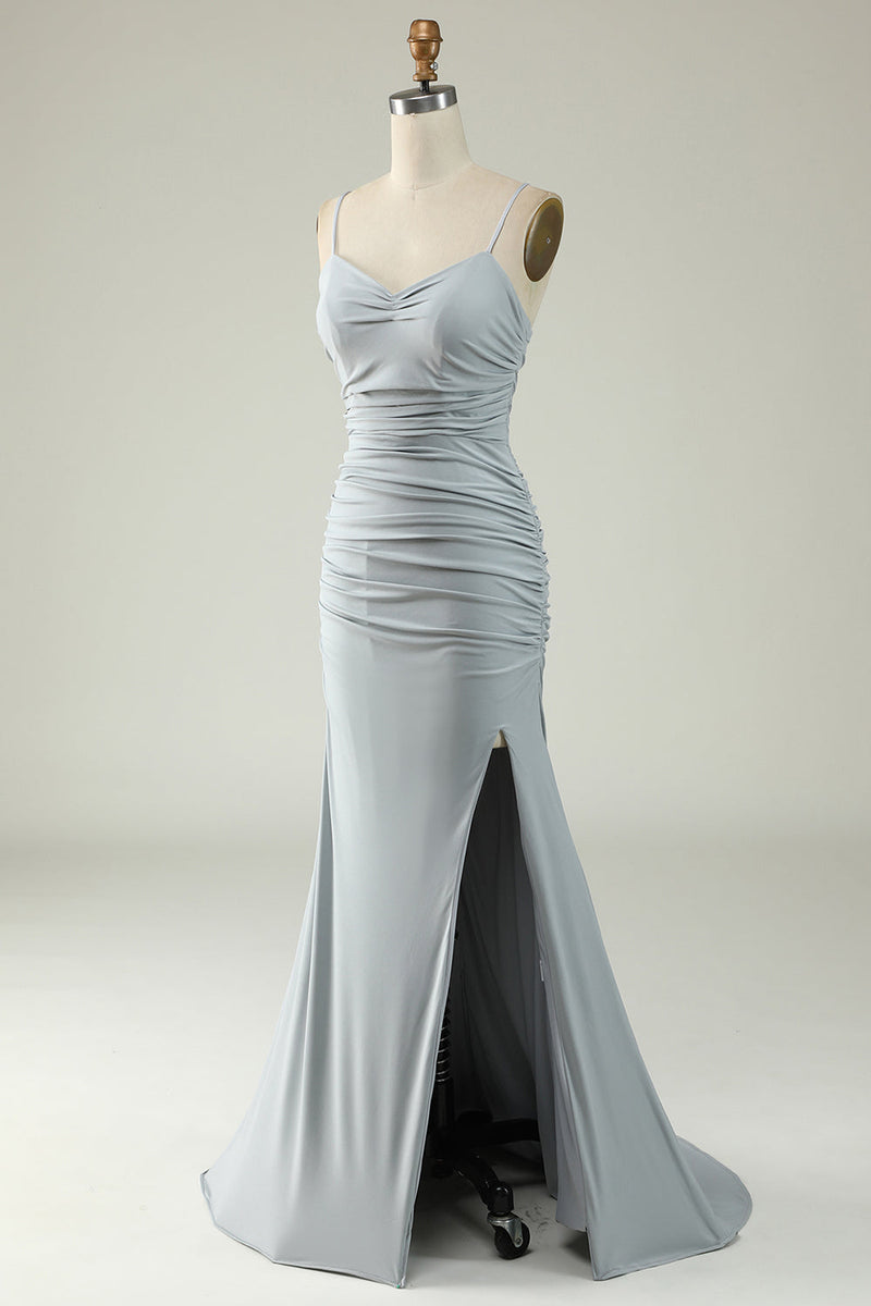 Load image into Gallery viewer, Mermaid Spaghetti Straps Grey Plus Size Formal Dress with Criss Cross Back