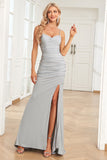 Mermaid Spaghetti Straps Grey Long Formal Dress with Criss Cross Back