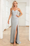 Mermaid Spaghetti Straps Grey Long Formal Dress with Criss Cross Back