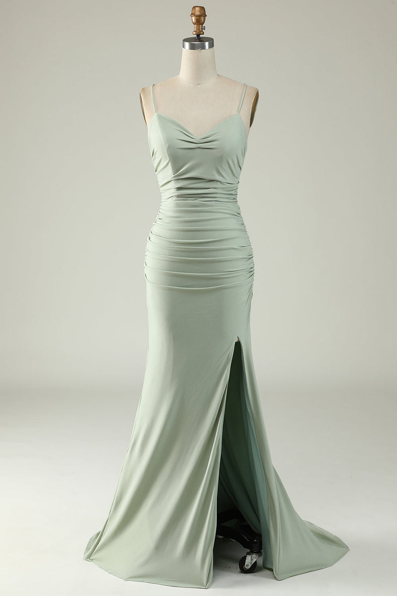 Load image into Gallery viewer, Mermaid Spaghetti Straps Grey Long Formal Dress with Criss Cross Back