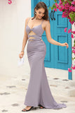 Mermaid Spaghetti Straps Grey Blue Long Formal Dress with Keyhole