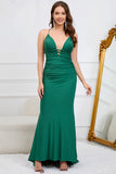 Mermaid Spaghetti Straps Dark Green Plus Size Formal Dress with Criss Cross Back