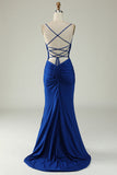 Mermaid Spaghetti Straps Royal Blue Plus Size Formal Dress with Criss Cross Back