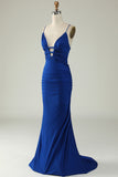 Mermaid Spaghetti Straps Royal Blue Plus Size Formal Dress with Criss Cross Back