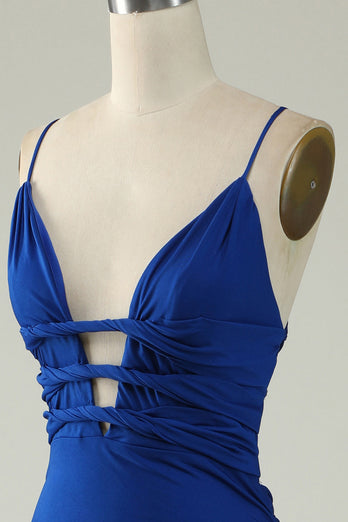 Mermaid Spaghetti Straps Royal Blue Plus Size Formal Dress with Criss Cross Back