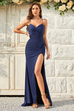 Mermaid Spaghetti Straps Navy Long Formal Dress with Criss Cross Back