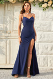 Mermaid Spaghetti Straps Navy Long Formal Dress with Criss Cross Back