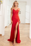 Mermaid Spaghetti Straps Red Long Formal Dress with Split Front