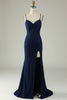 Load image into Gallery viewer, Mermaid Spaghetti Straps Navy Plus Size Formal Dress with Split Front