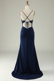 Mermaid Spaghetti Straps Navy Plus Size Formal Dress with Split Front