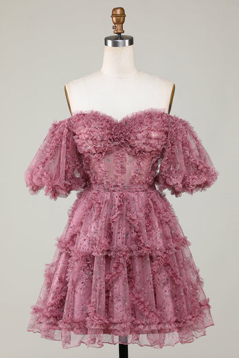 Gorgeous A Line Off the Shoulder Fuchsia Tulle Short Cocktail Dress with Short Sleeves