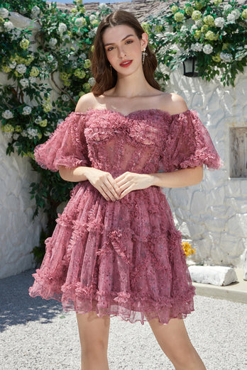 Beautiful A Line Off the Shoulder Fuchsia Tulle Short Formal Dress with Short Sleeves