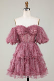 Stylish A Line Off the Shoulder Dusty Rose Tulle Short Formal Dress with Short Sleeves