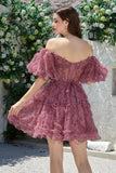 Beautiful A Line Off the Shoulder Fuchsia Tulle Short Formal Dress with Short Sleeves