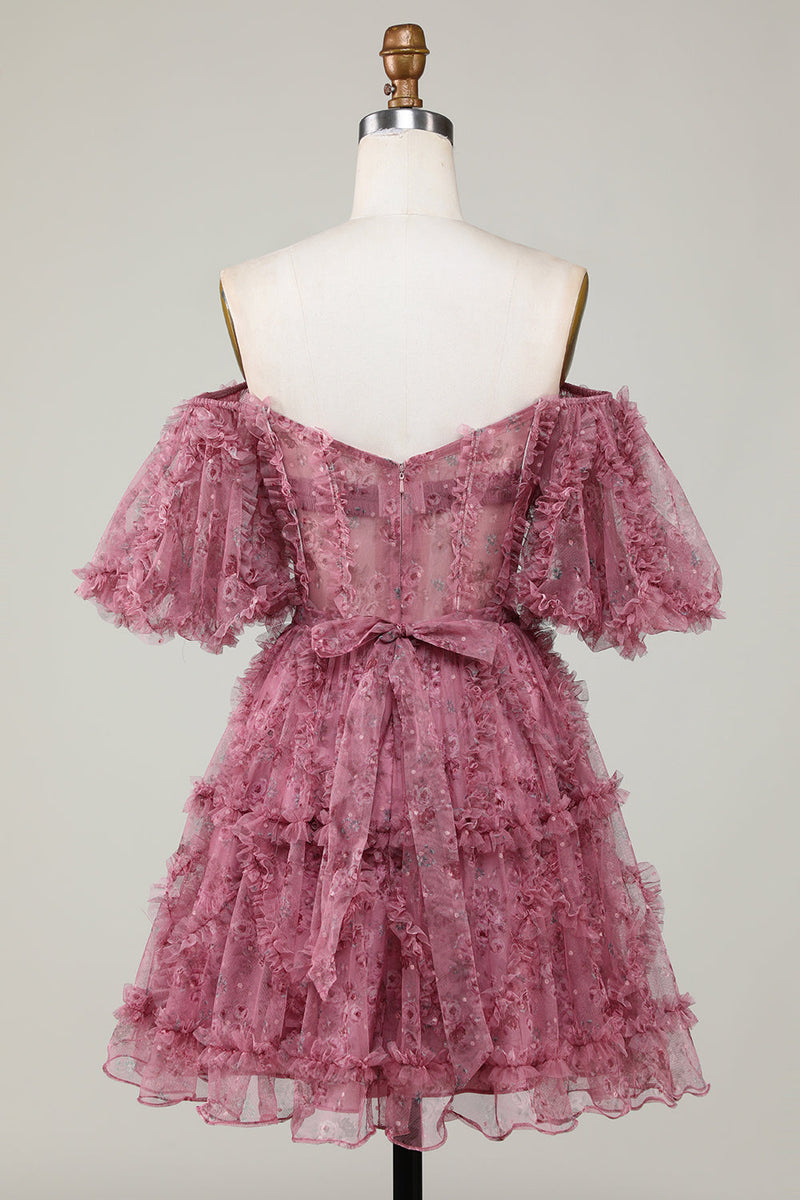 Load image into Gallery viewer, Gorgeous A Line Off the Shoulder Fuchsia Tulle Short Cocktail Dress with Short Sleeves
