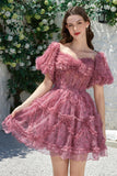 Beautiful A Line Off the Shoulder Fuchsia Tulle Short Formal Dress with Short Sleeves