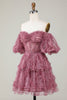 Load image into Gallery viewer, Stylish A Line Off the Shoulder Dusty Rose Tulle Short Formal Dress with Short Sleeves