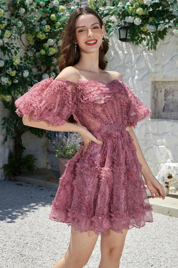 Beautiful A Line Off the Shoulder Dusty Rose Tulle Short Formal Dress with Short Sleeves