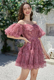 Beautiful A Line Off the Shoulder Dusty Rose Tulle Short Formal Dress with Short Sleeves