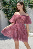 Beautiful A Line Off the Shoulder Fuchsia Tulle Short Formal Dress with Short Sleeves